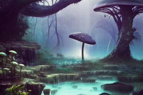 Majestic Mushroom Tree Waterfall: Hyperdetailed Digital Art