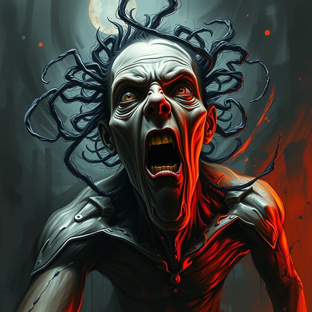 Intense Distorted Figure in Tornadic Action Painting