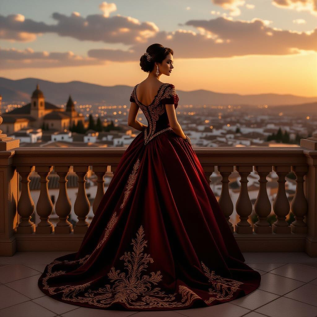 Regal Spanish Woman in Crimson Gown on Balcony