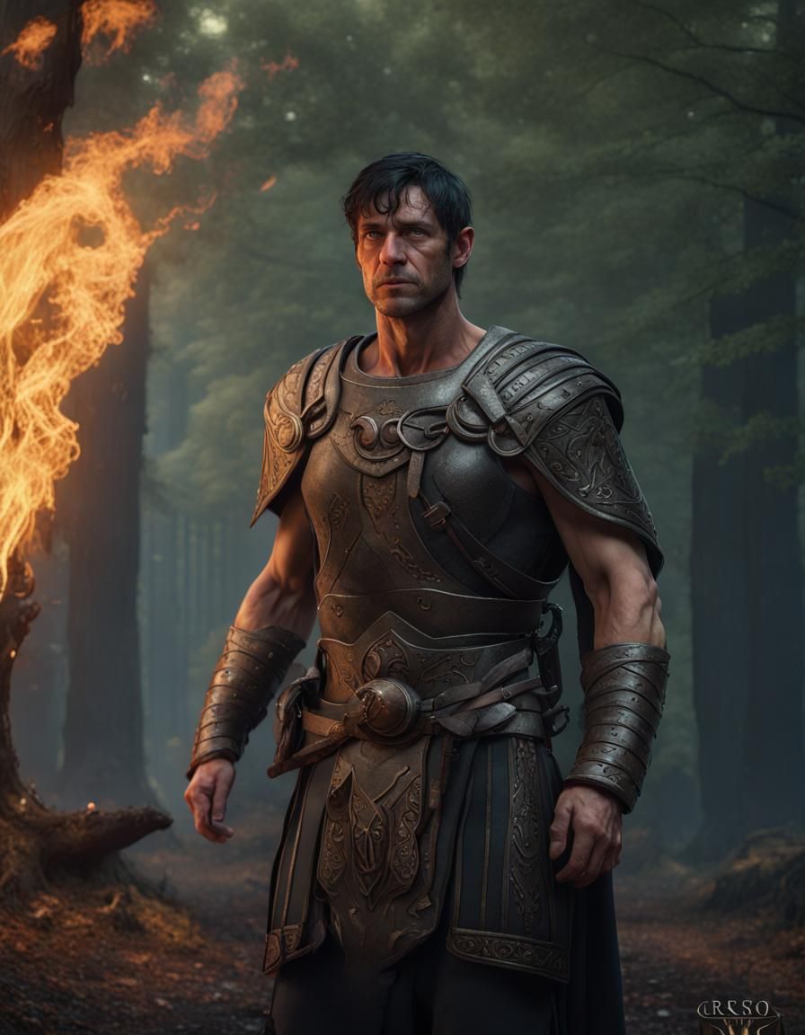 Roman Centurion Burns Druid Grove: Dark Fantasy Art