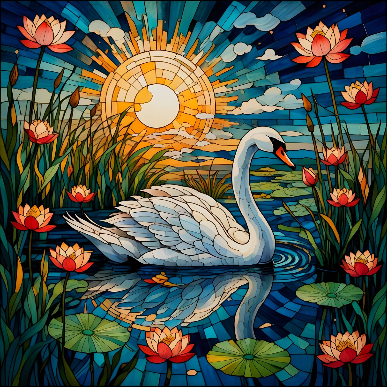 Dreamlike Stained Glass Scene with Swan and Lotus Pond