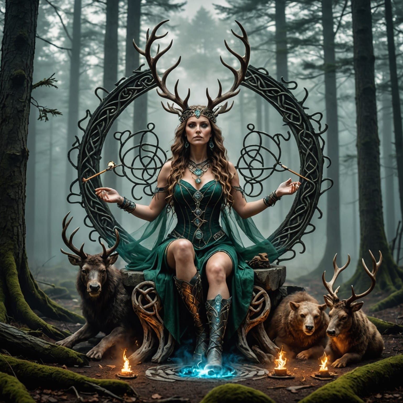 Celtic Goddess with Antlers in Smoky Woods