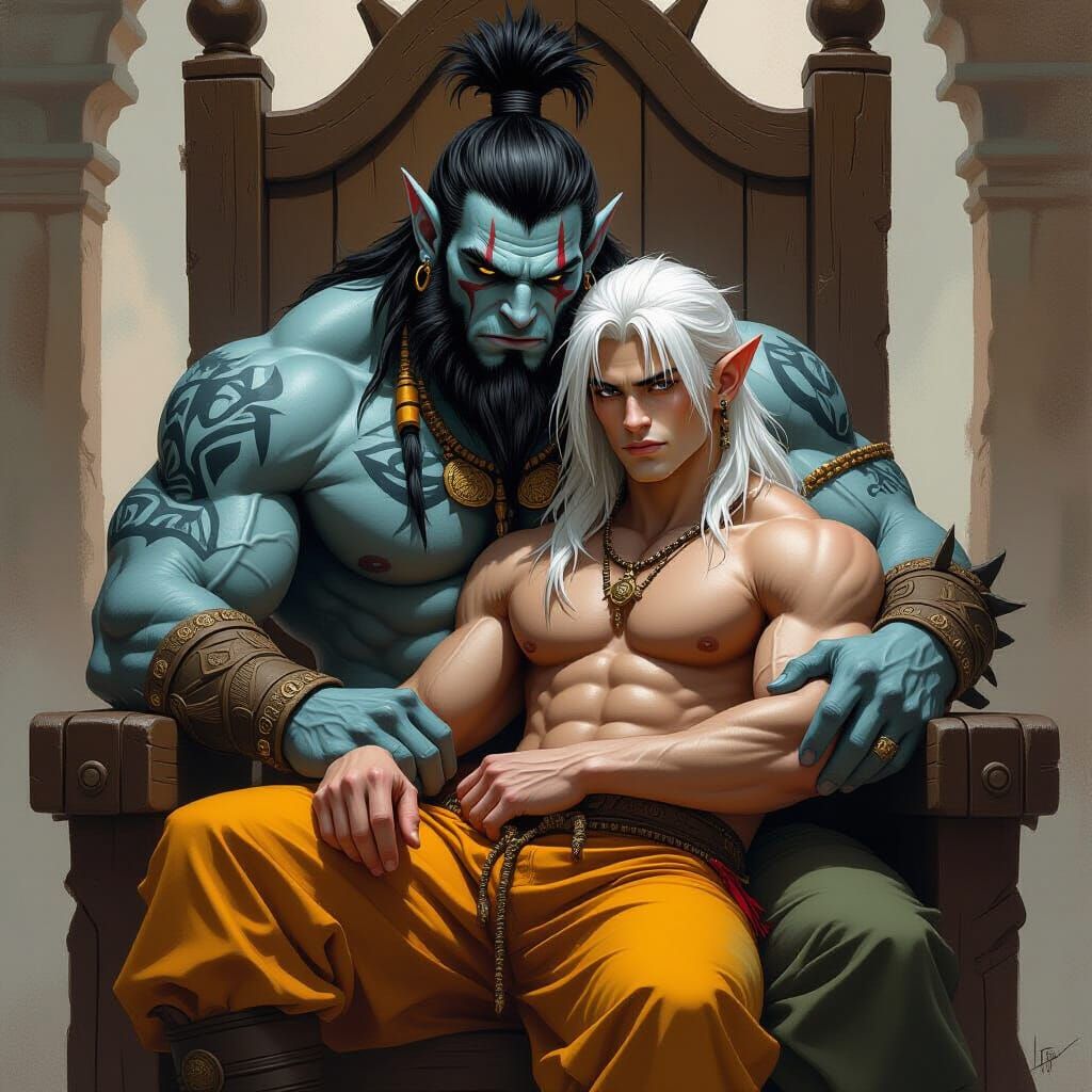 Orc Warrior Cuddles Young Man on Throne