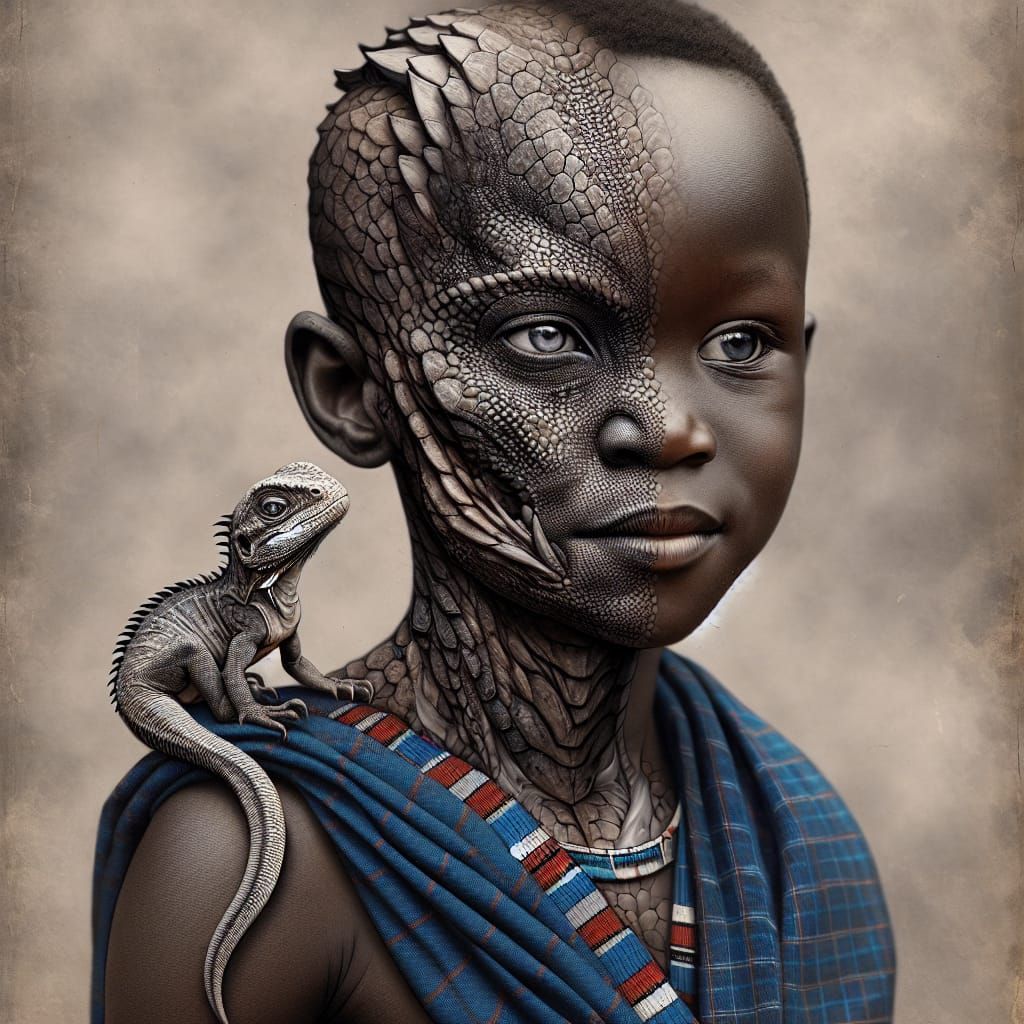 digital painting embossed of a young Masai half man, half dr...