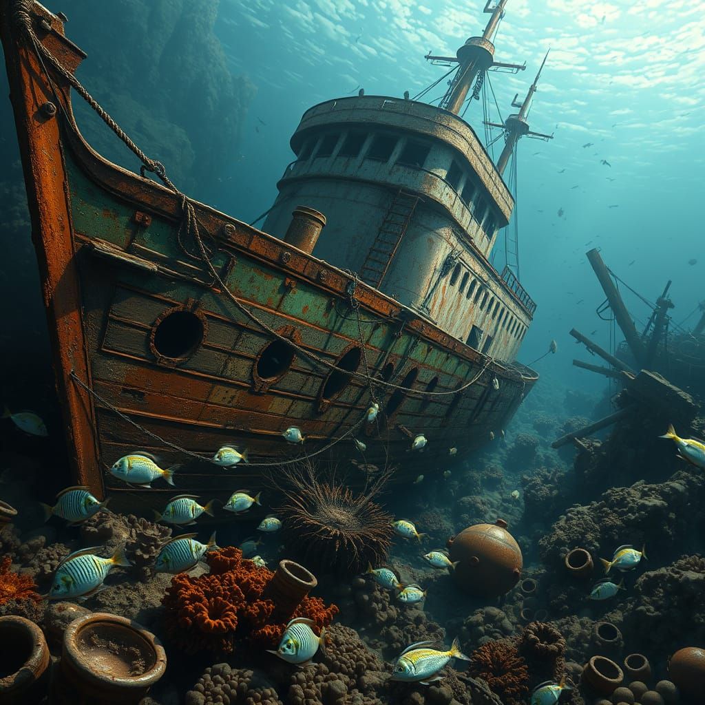 Underwater Shipwreck Scene with Coral and Sea Life