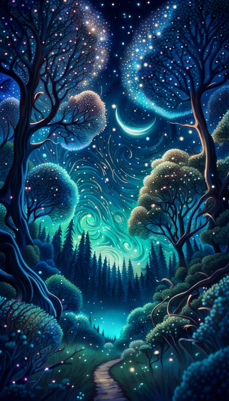 Magical Forest Wonderland Under Starry Night Sky