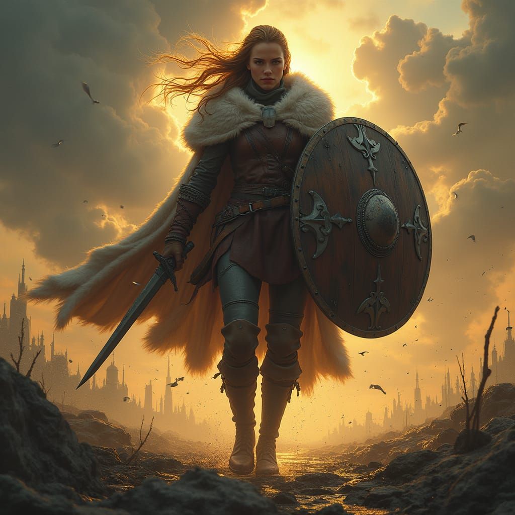 Warrior Goddess Charging into Battle Amidst Dark Ominous Ski...