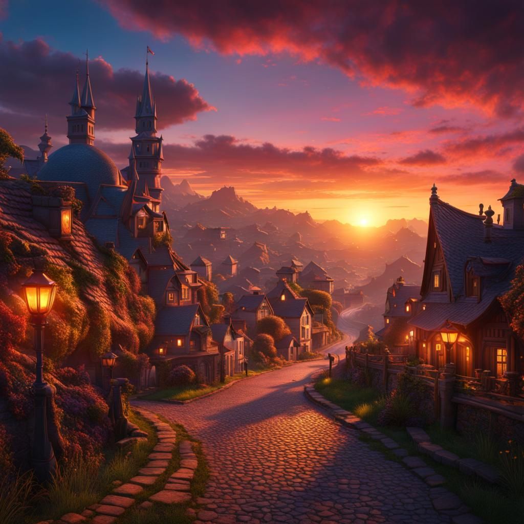 Vibrant Sunset Road Through Town: Fantasy Concept Art