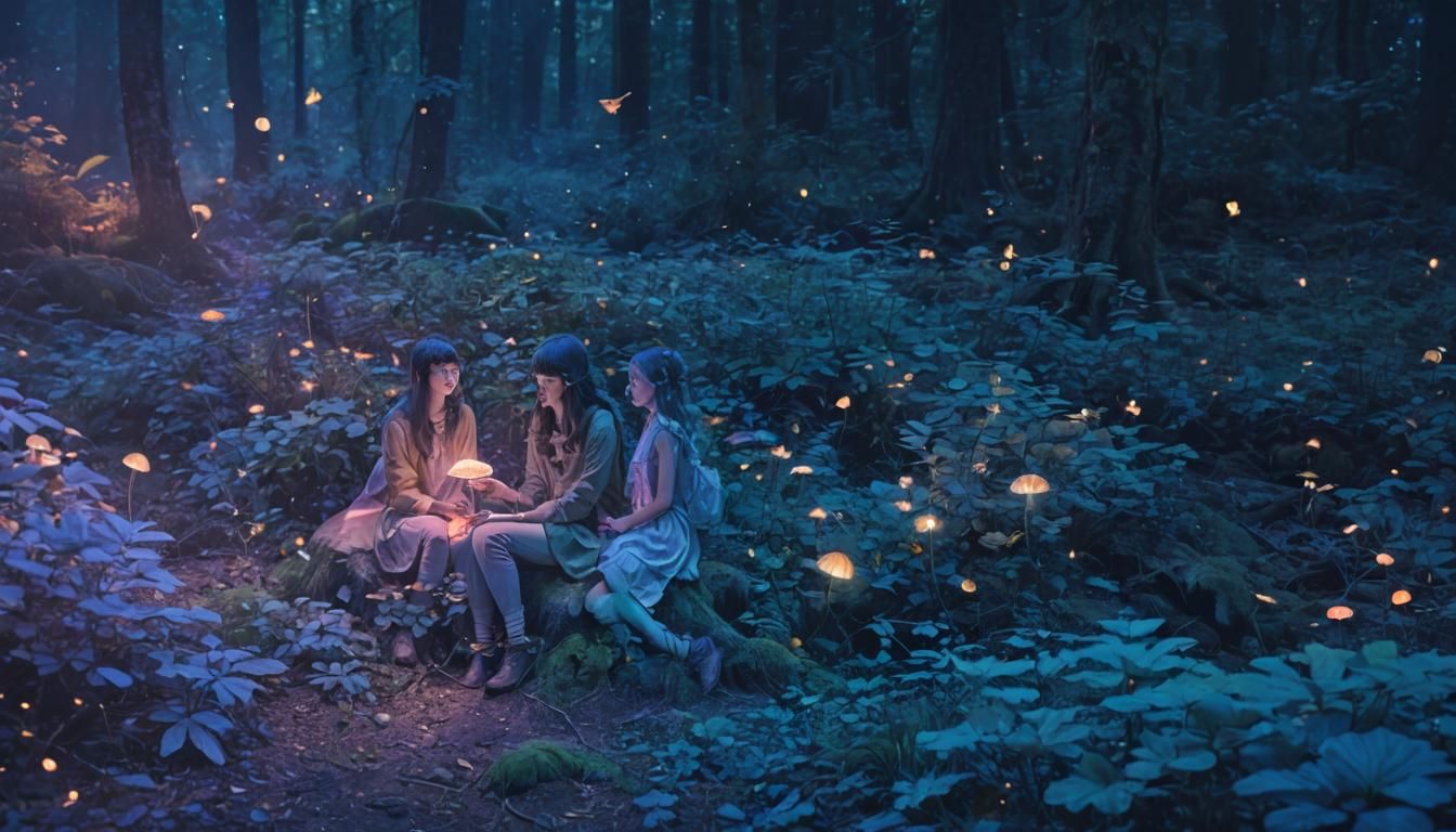 Two Girls in Whimsical Forest: Cartoon Style Illustration