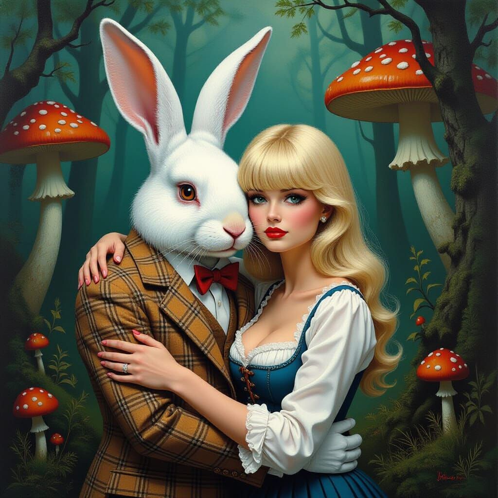 Surreal Anthropomorphic Rabbit Embraces Woman, Max Ernst Sty...