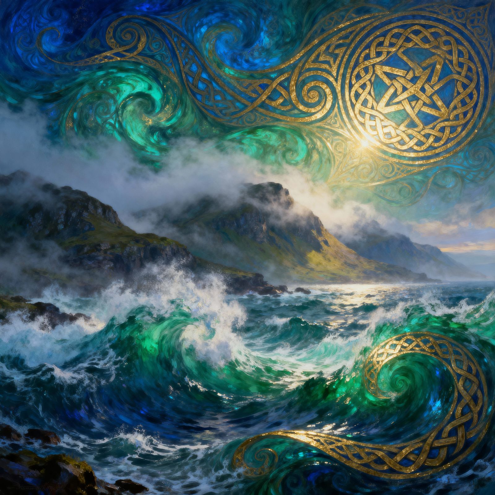 Abstract Celtic Knots of Skye and Highlands in Blue, Green, ...