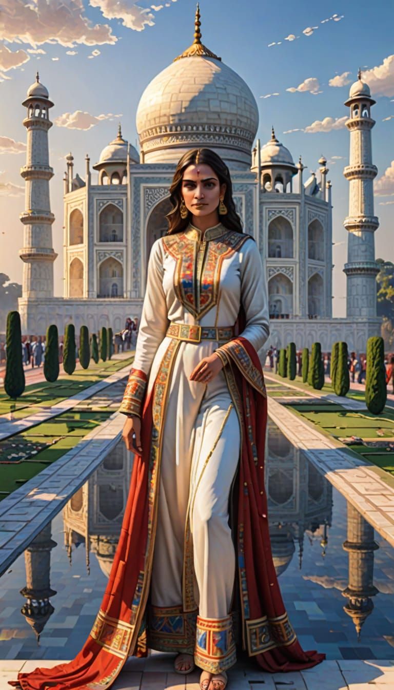 Lady in Taj Mahal Splendor with Piet Mondrian Style