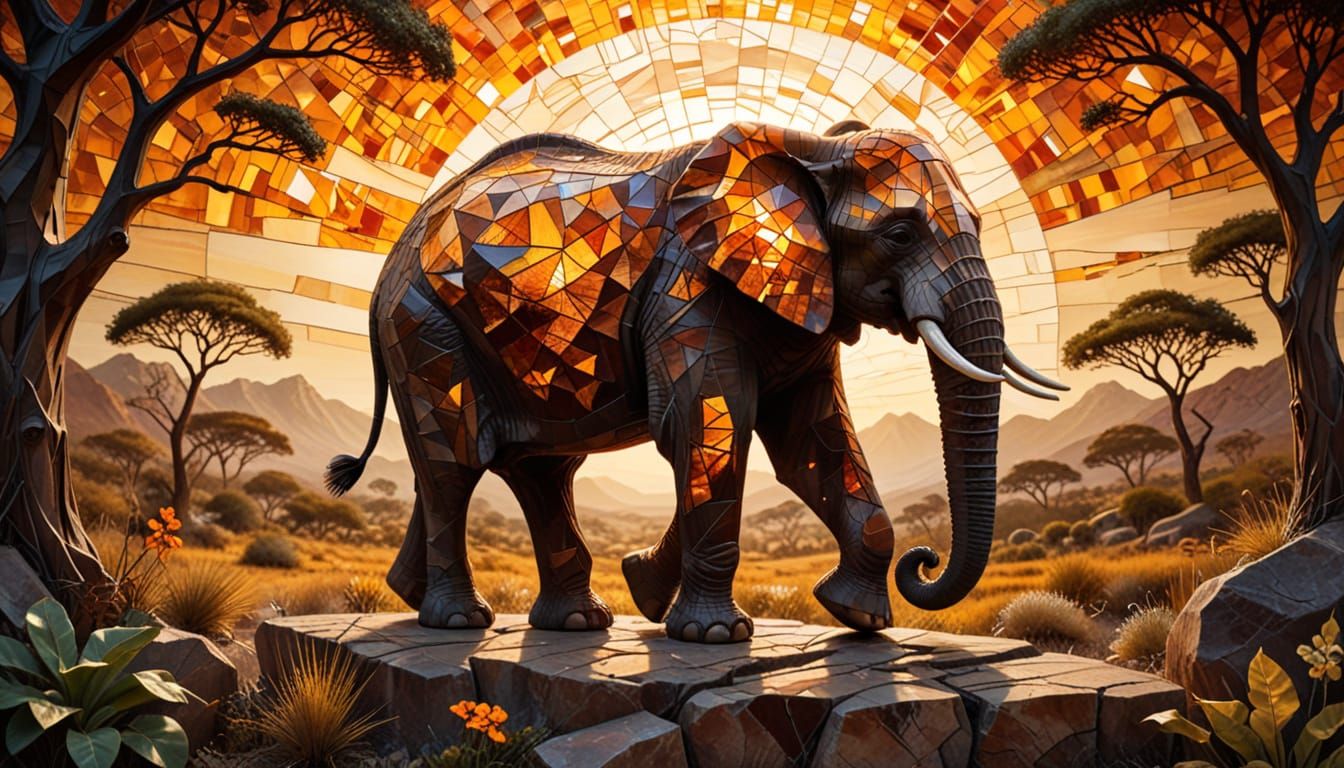 Glass African Landscape with Amber Elephant