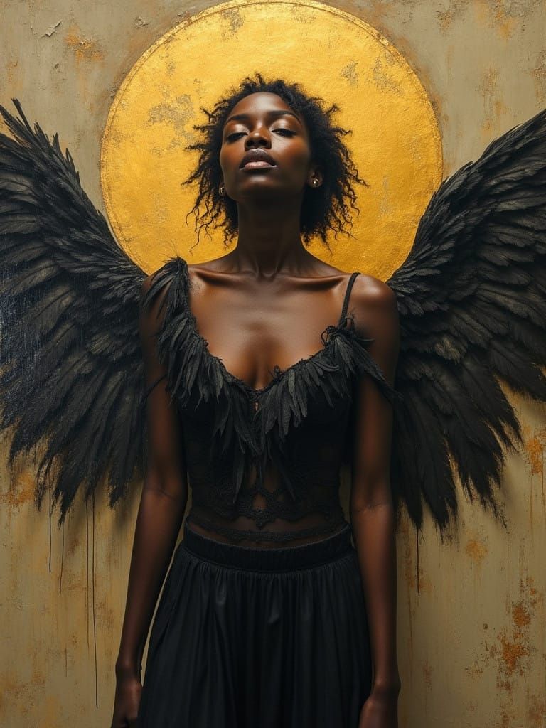 Majestic Winged Woman in Verdigris and Gold