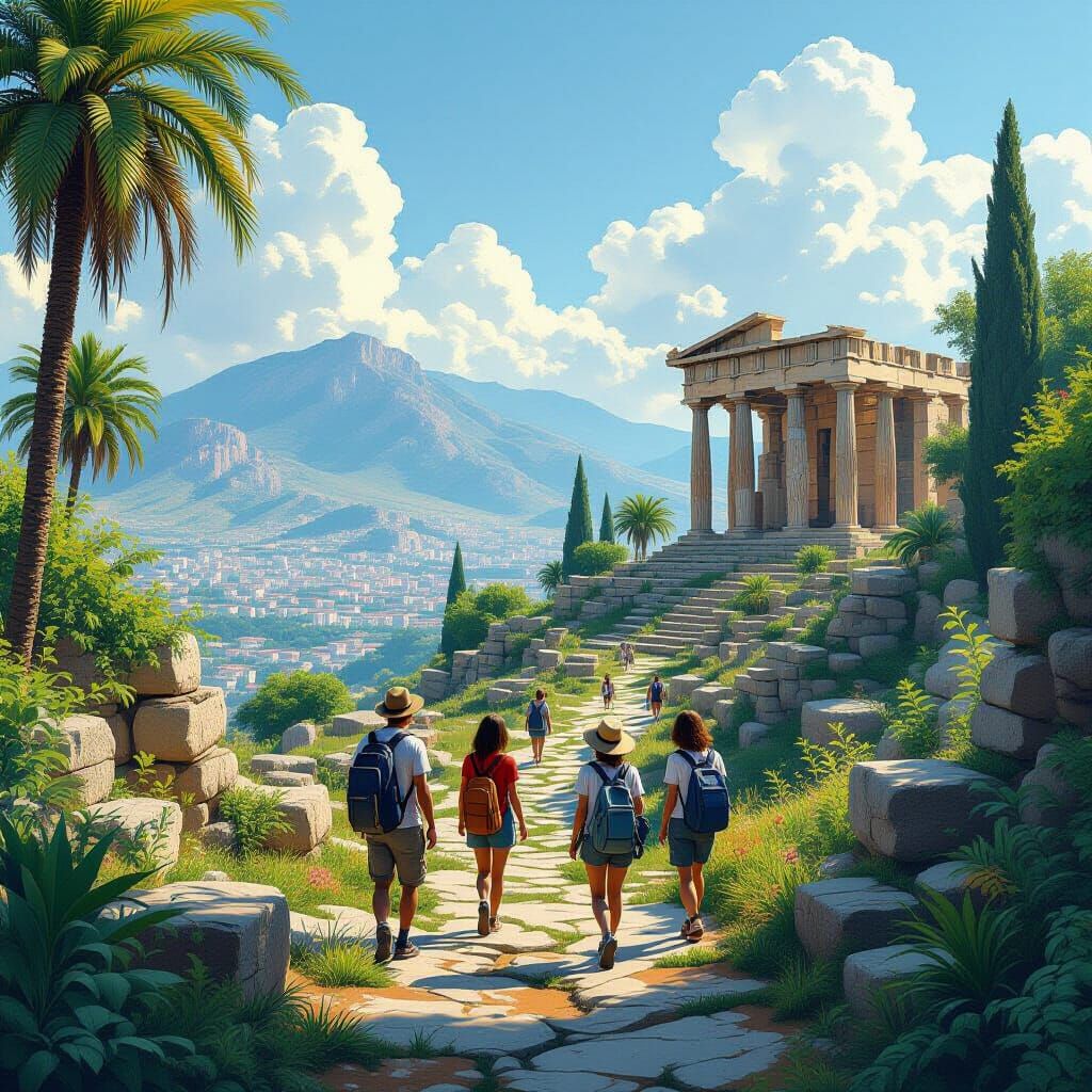 Tourists Explore Ancient Ruins in Hyperrealistic Style