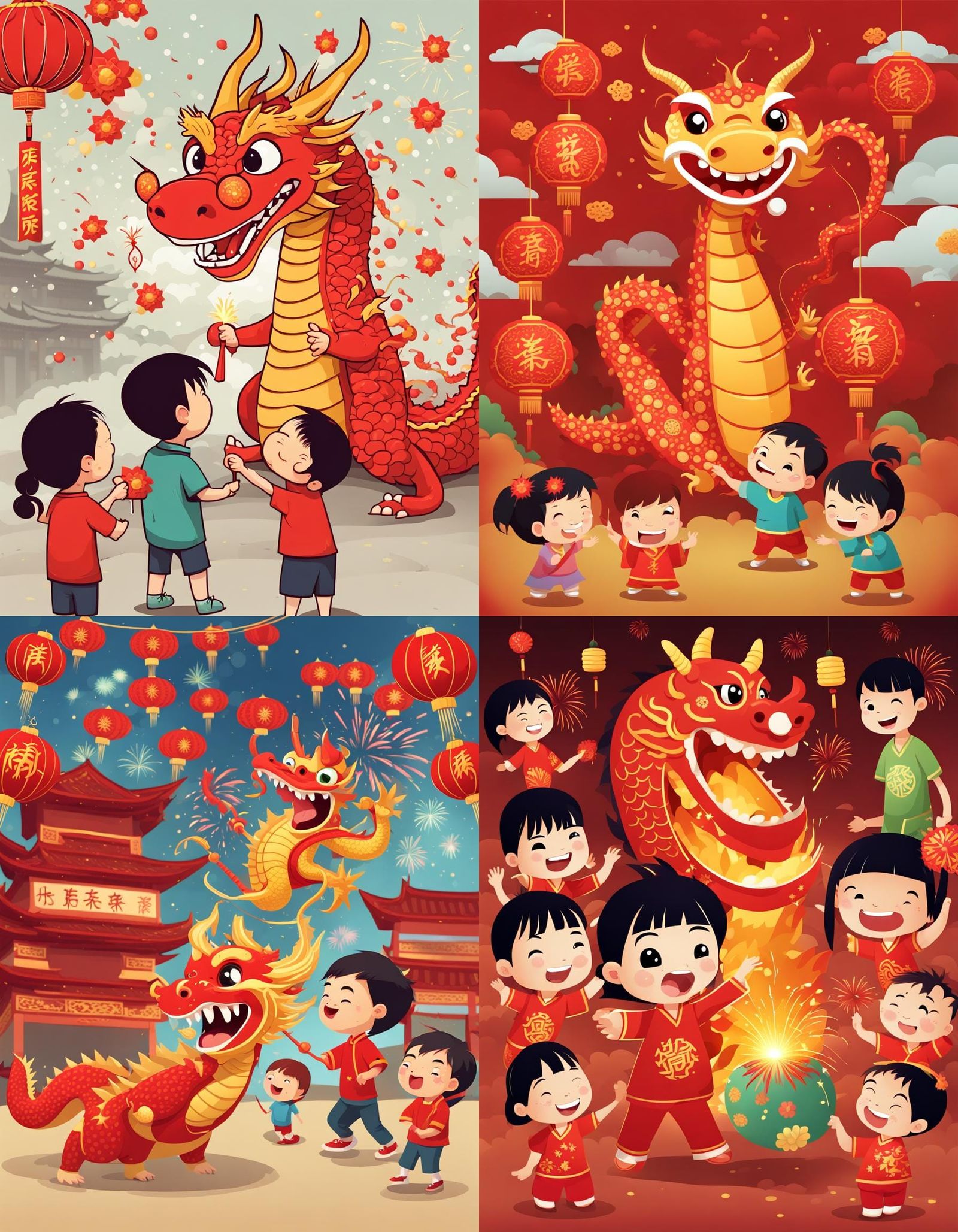 Cartoon Dragon Celebrates Chinese New Year with Fireworks
