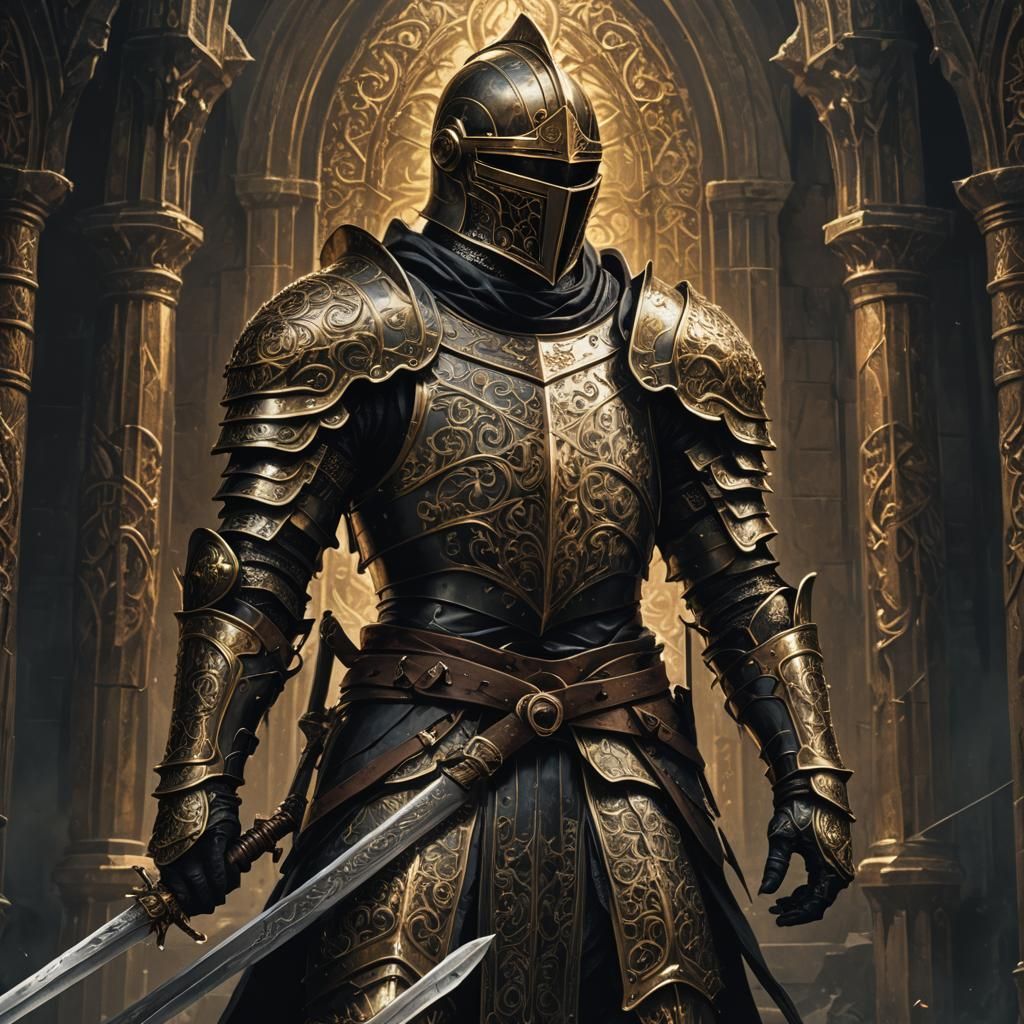 Dark Fantasy Knight in Gold and Black Armor