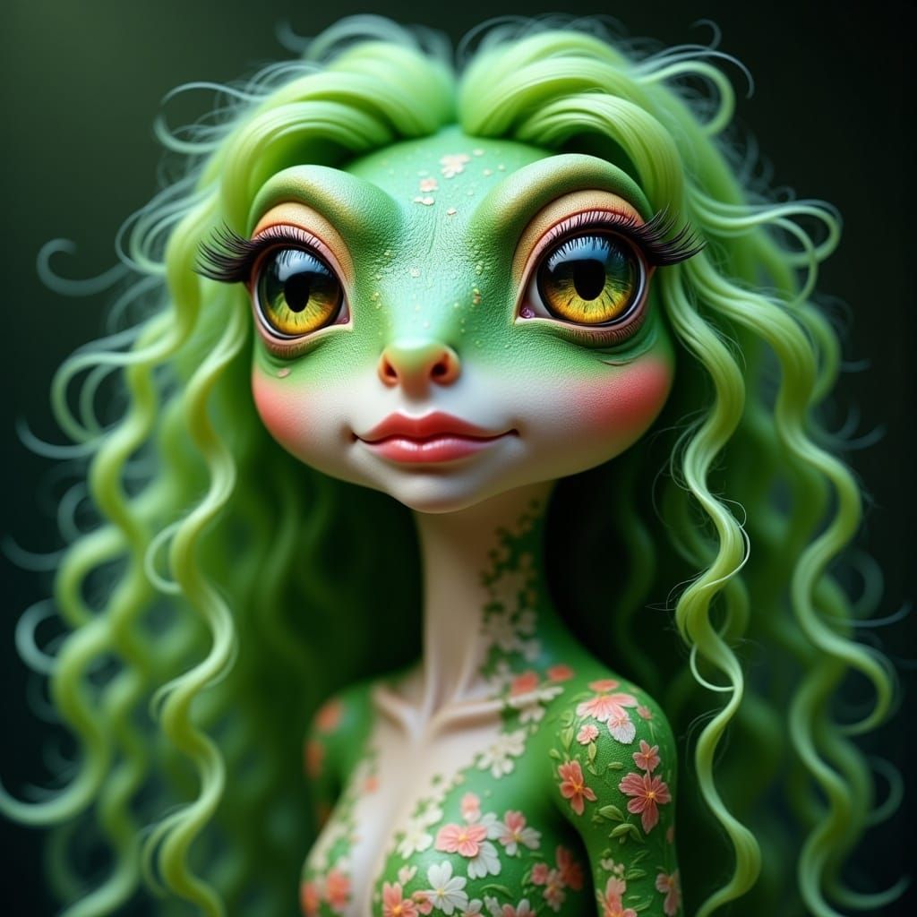 Dreamy Emerald Frog with Luscious Hair and Whimsical Gaze