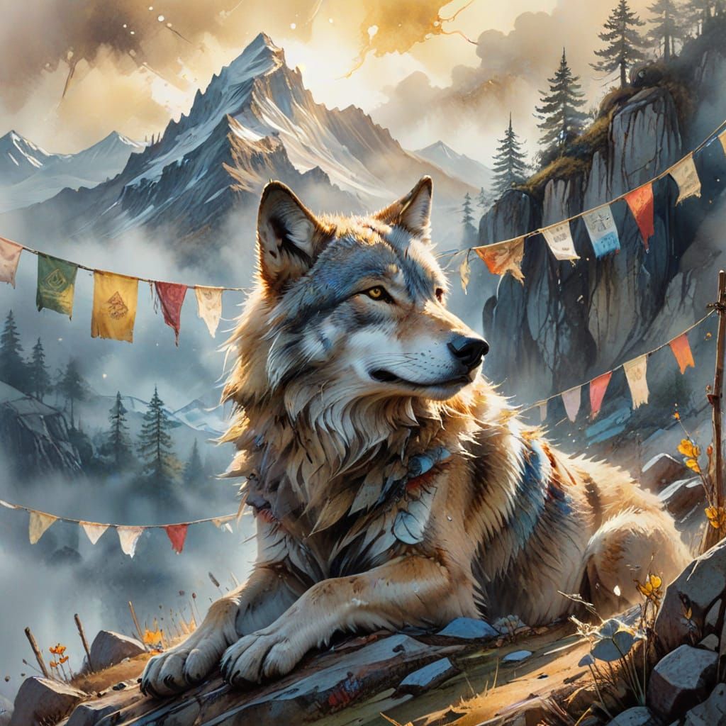 Watercolor Wolf at Mountain with Prayer Flags