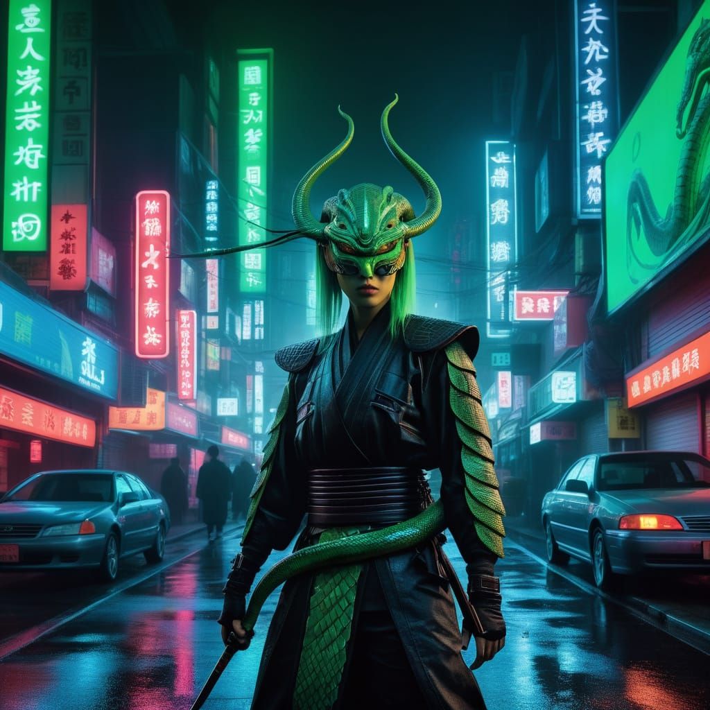 Glowing Green Haired Samurai Goddess Walks Among Neon Skyscr...
