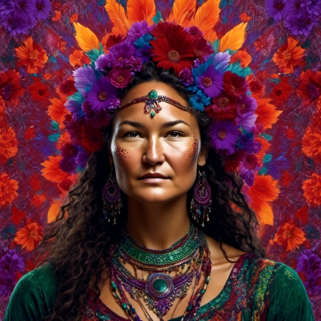 <lora:kaleidoscopeStyle:1.0> <lora:IndigenousWoman:1.0> background: radial kaleidoscope, pretty colors Indigenous woman ...