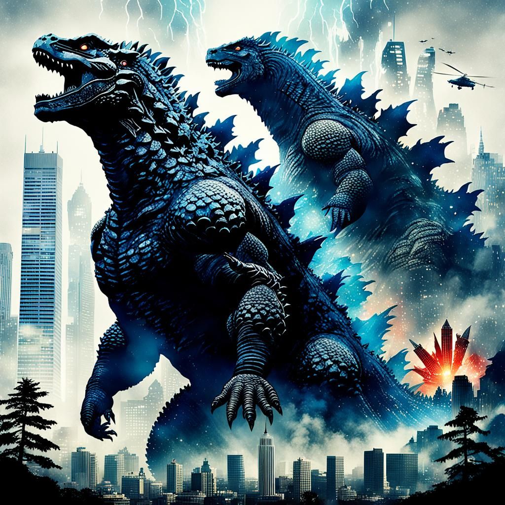 epic double exposure movie poster about Godzilla