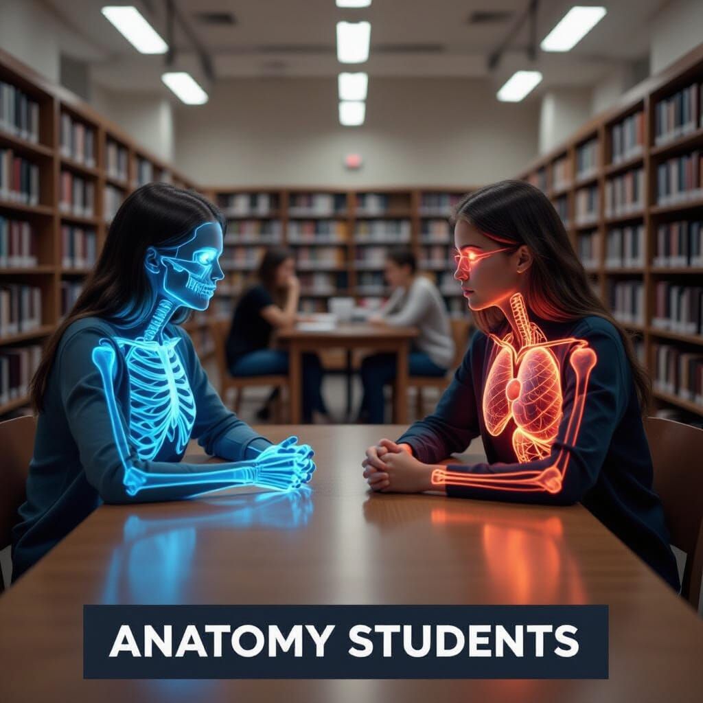 Anatomy Students in Library with Glowing Organs