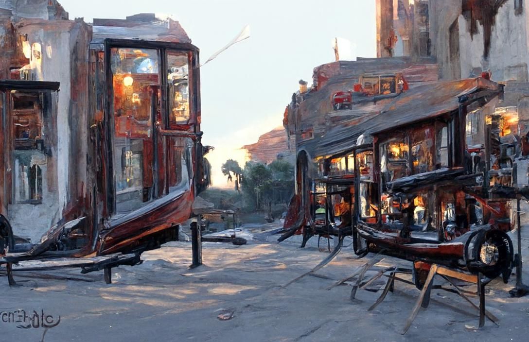 Red Tram at Sunset: An Oil Painting