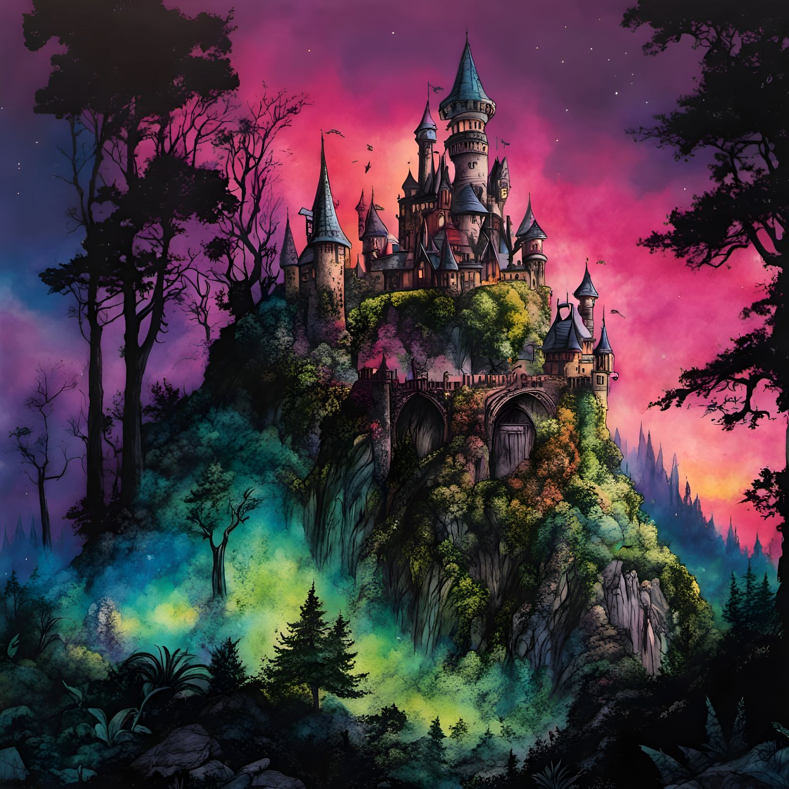 Dark faerie castle in a fantasy enchanted forest