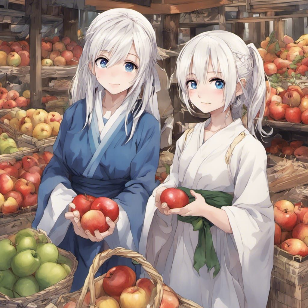 Anime Market Scene: Woman Giving Apple to Girl