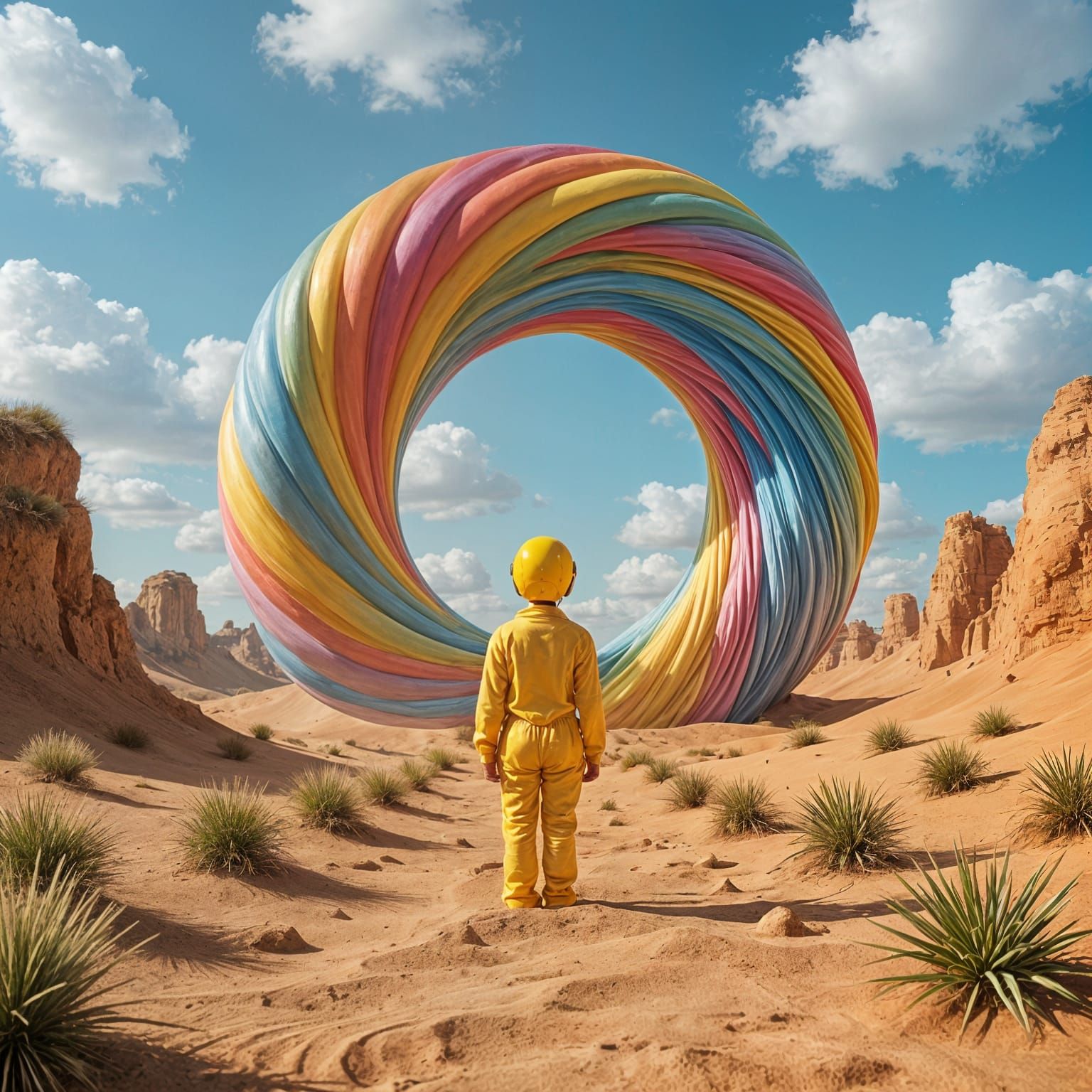 Clay Figure Confronts Multicolored Vortex