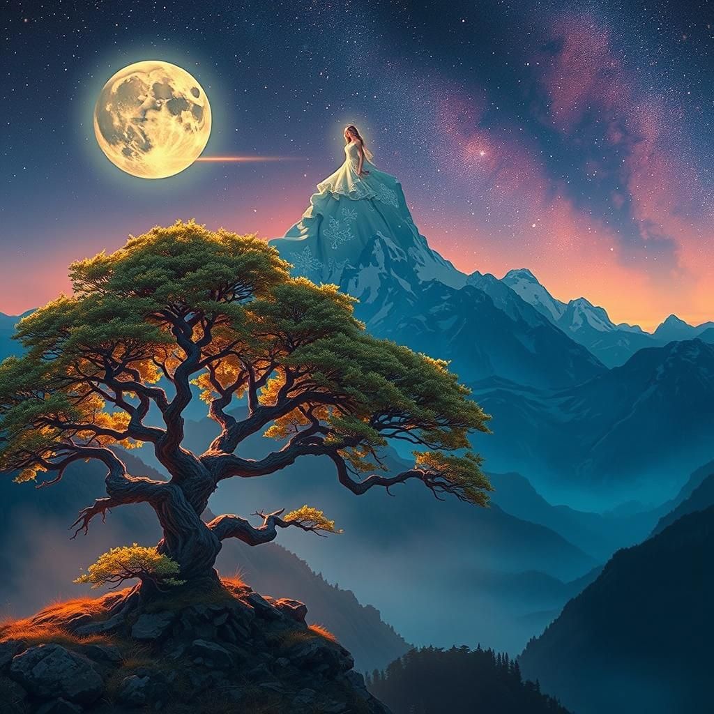 Ethereal Woman in White Gown on Mountain Peak