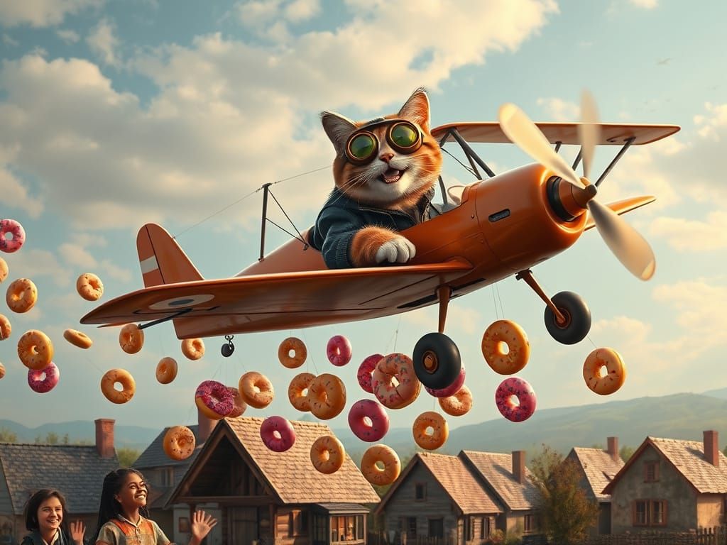 Laughing Cat Biplane Drops Donuts on Cheerful Village