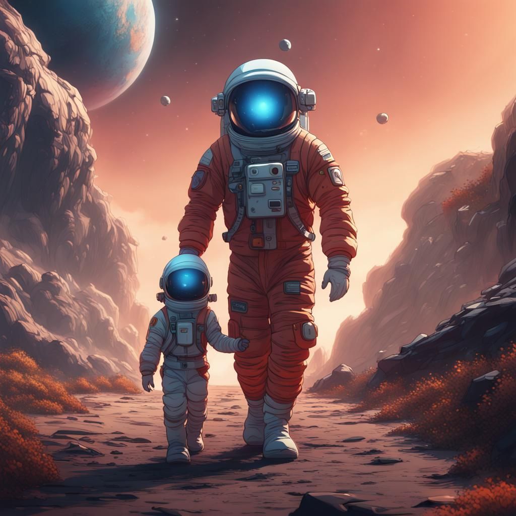 An astronaut walking with his son on a red planet