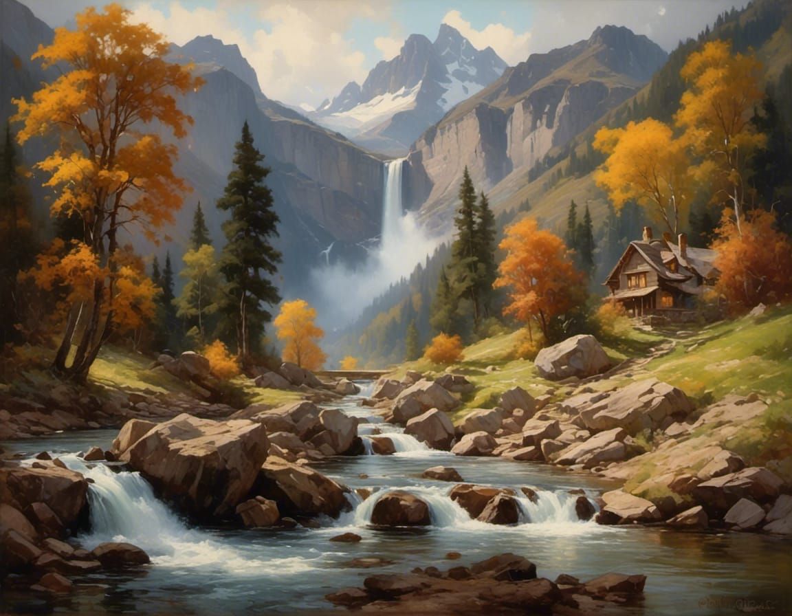 Vintage Waterfall Landscape Masterpiece