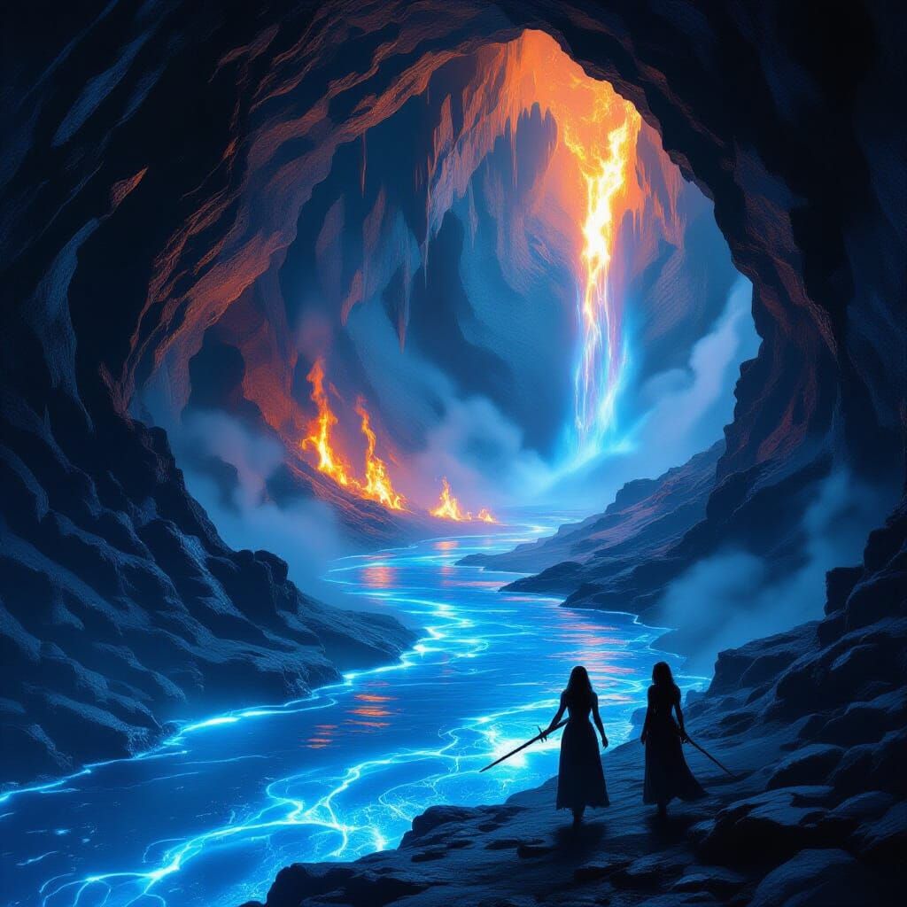 Burning Blue River in Dark Fantasy Cavern