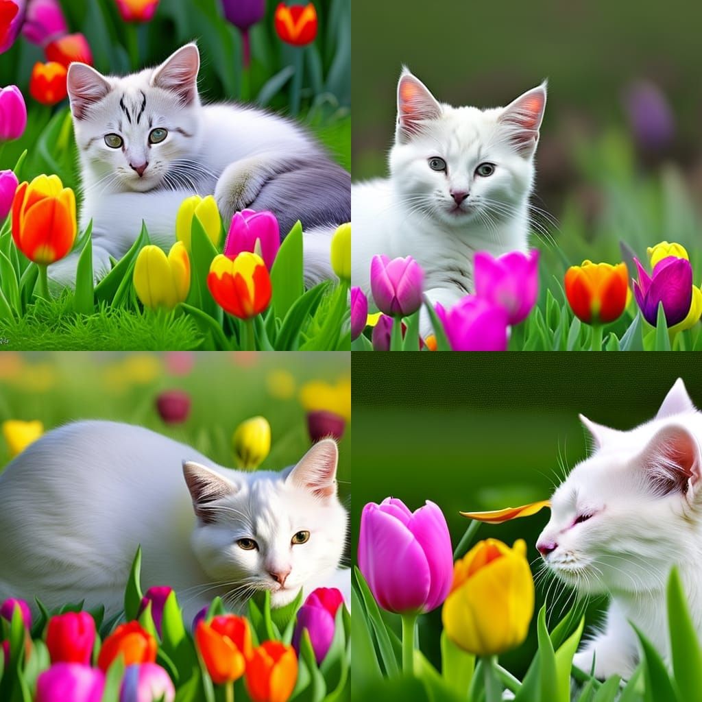 Kitten Nap in Tulip Field: Hyperrealistic Splash Art