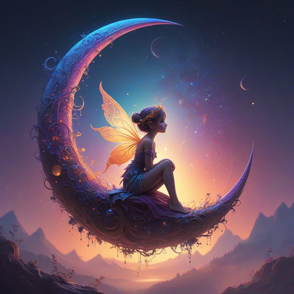 Fractal Haze with Fairy on Moon as Oil Painting