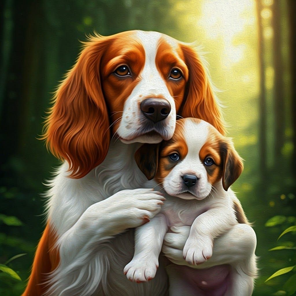 Serene Mother Dog Cradling Puppy in Enchanted Forest