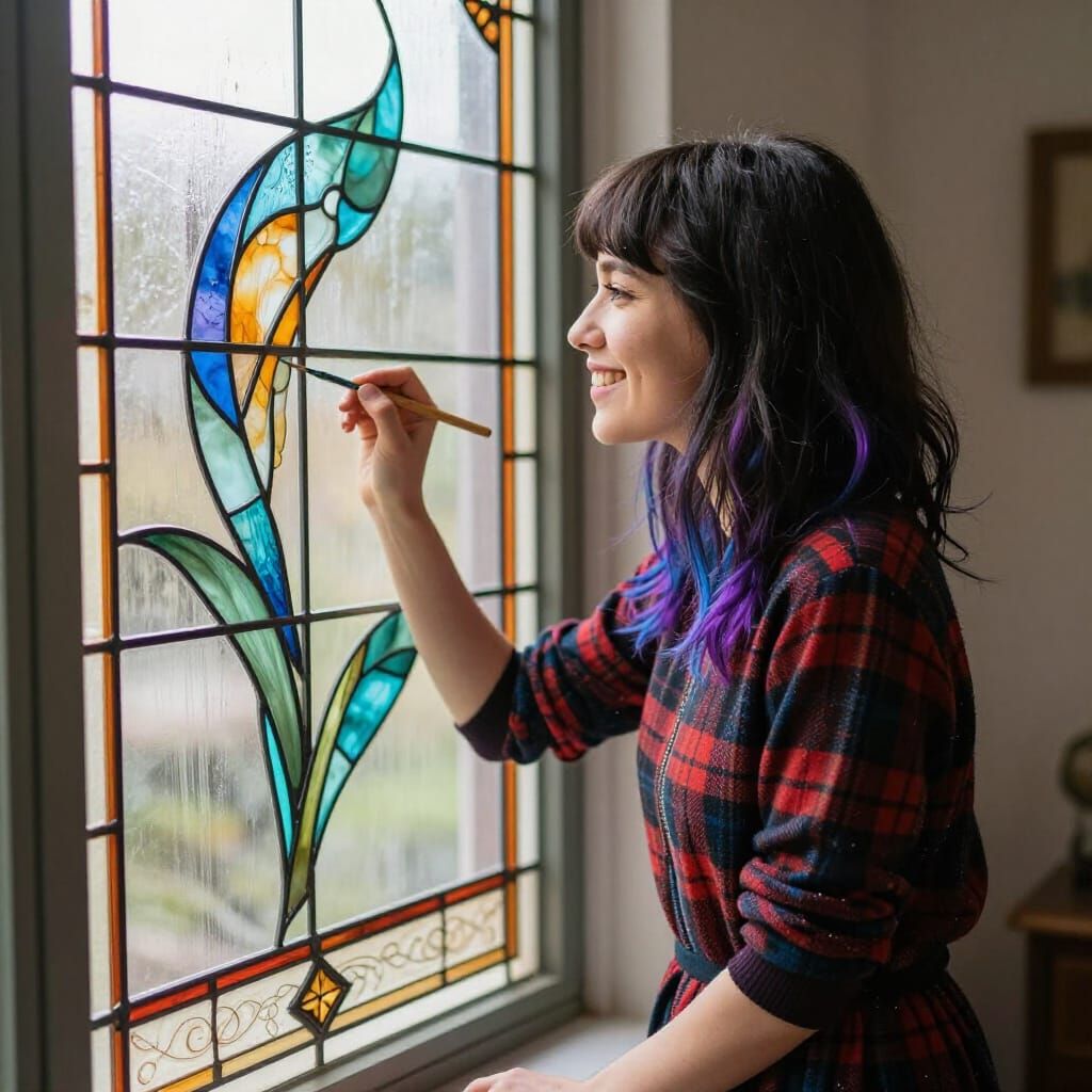 Woman Painting Joyfully by Stained Glass Window