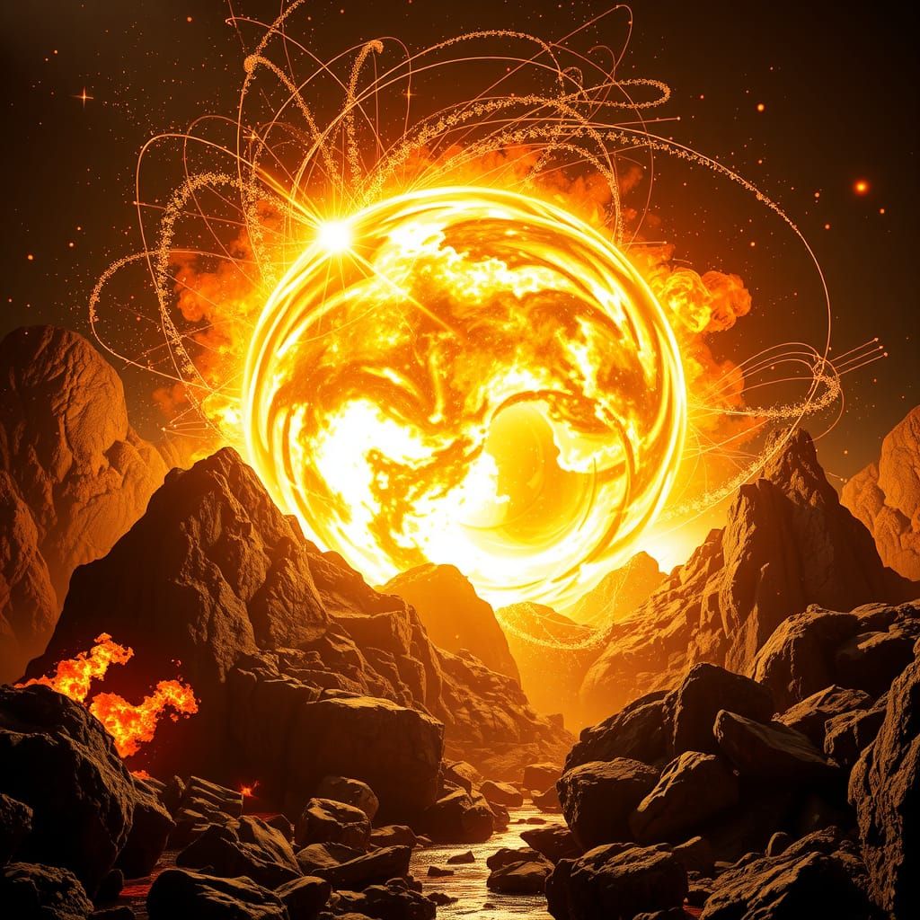 Gigantic Fireball Impact on Rocky Terrain