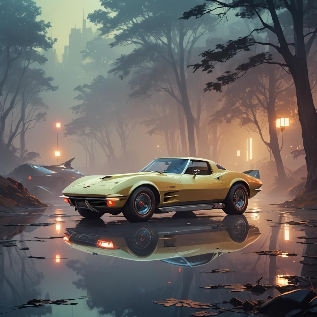 Vintage Corvette in Retro-Futuristic Dreamscape