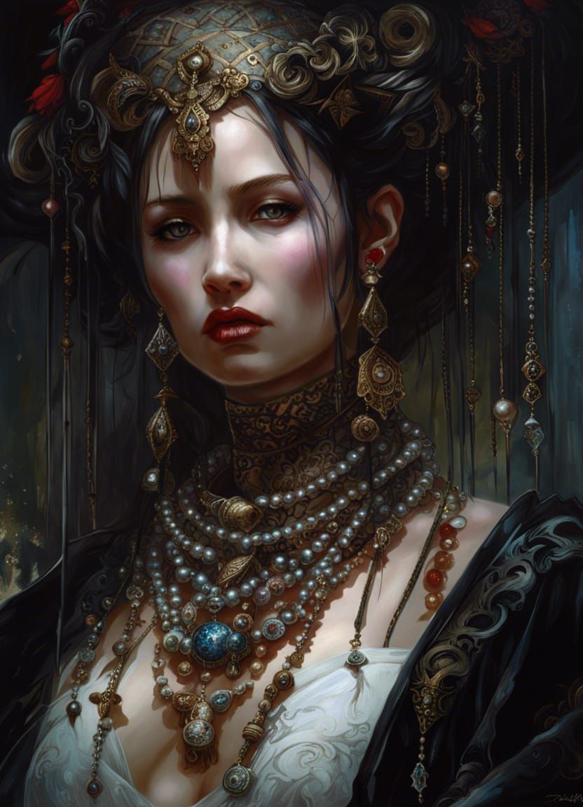 Macabre Pearl Woman in Psychedelic Digital Art