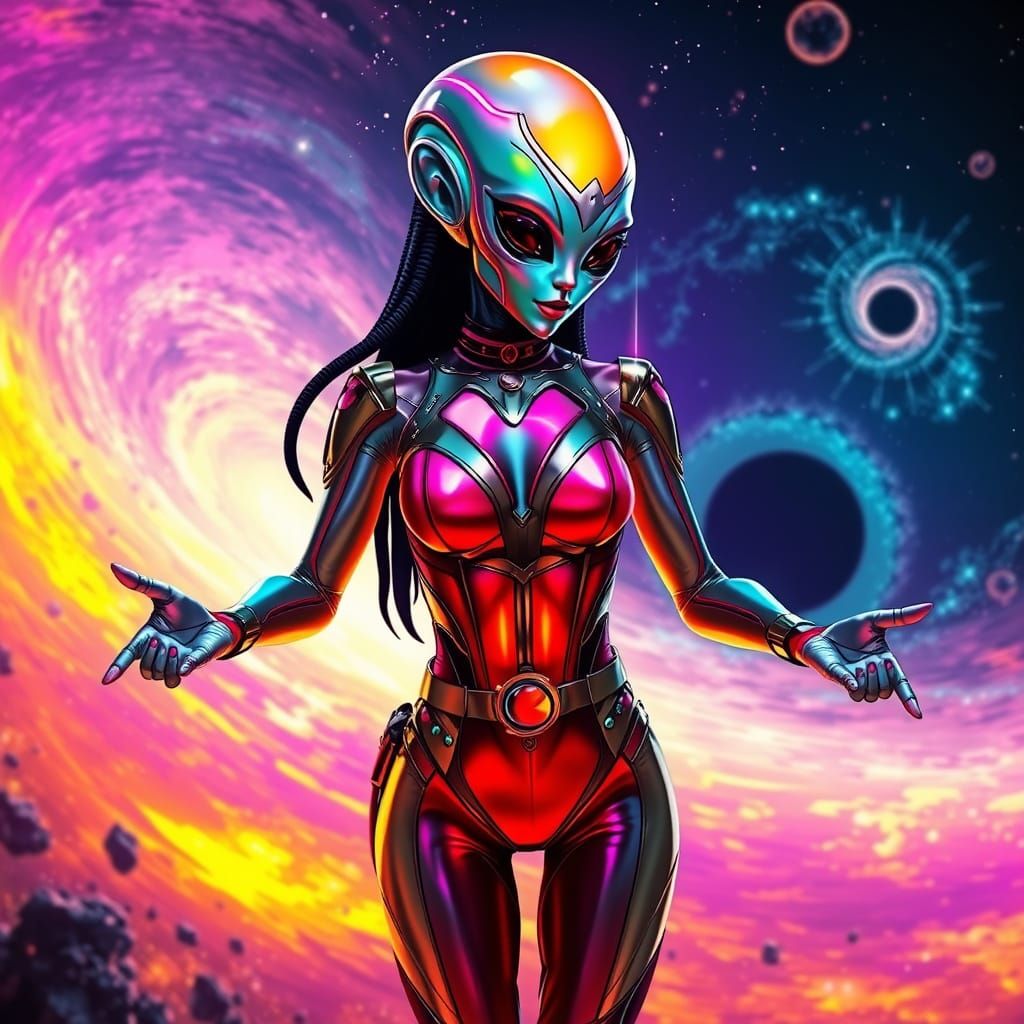 Futuristic Woman in Cosmic Space, Photorealistic Style