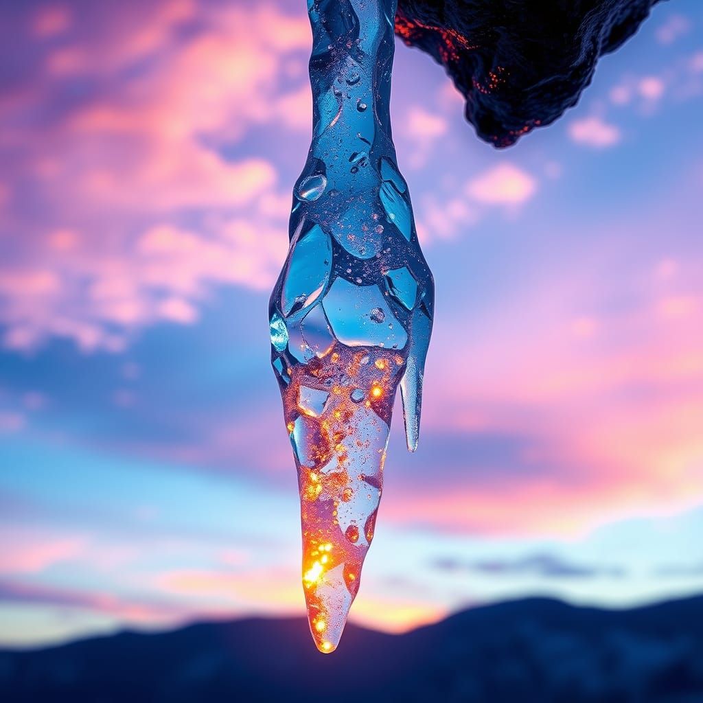 Crystal Icicle Radiates Blue Light in a Vibrant Fantasy Sky