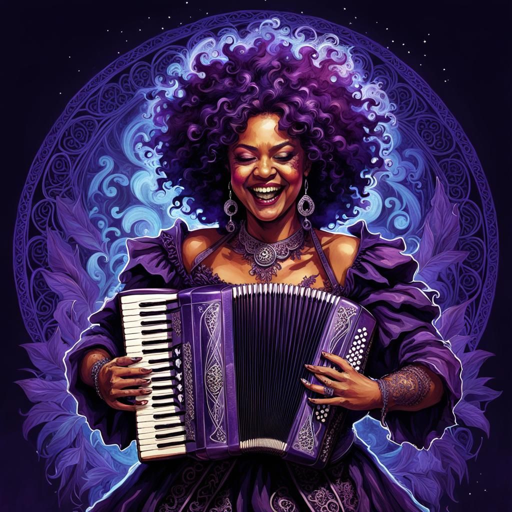 Musical Witch with Accordion in Digital Art Style
