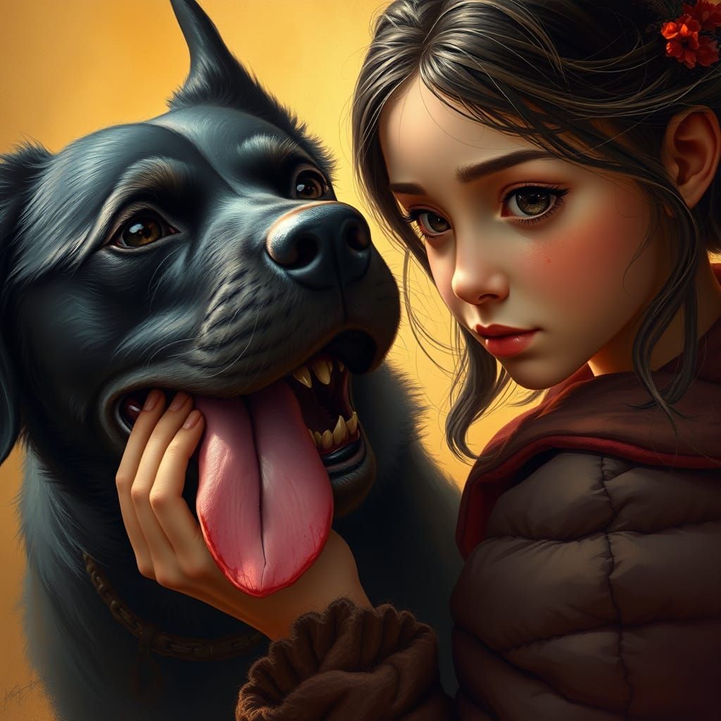 Girl Petting Black Dog in Golden Fantasy Scene