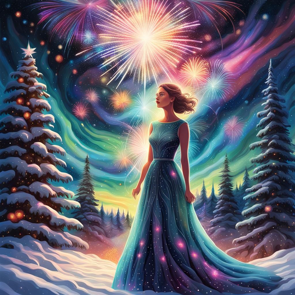 Woman in Elegant Dress Under Vibrant Fireworks and Christmas...