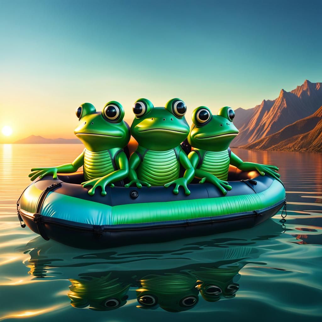 Sunset Rescue: Frog Aliens in Lifeboat, Hyperrealistic