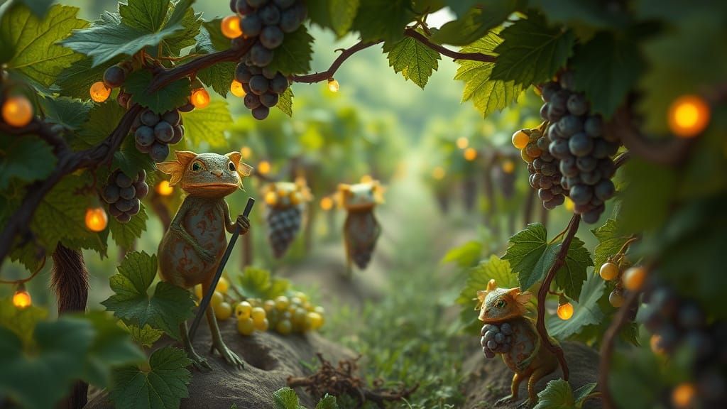 Whimsical Grape Creatures in Lush Vineyard Scene